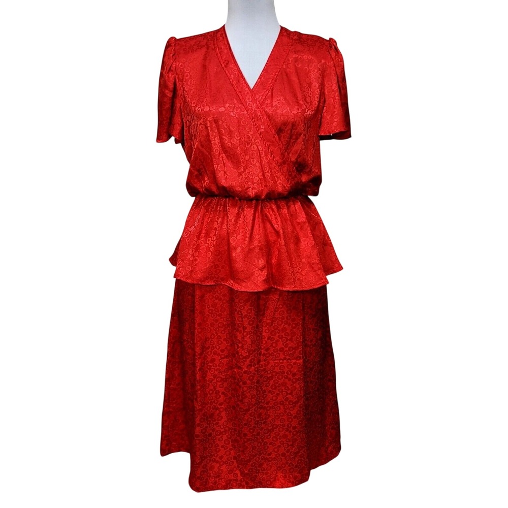 Eileen Scott Dallas Vintage Red Peplum Midi Dress 80s Jacquard Animal Print
